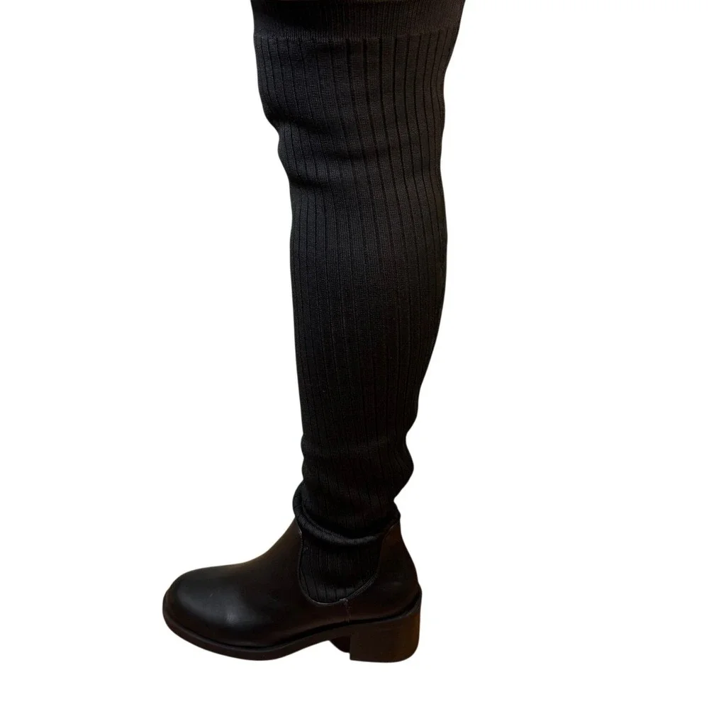Current Mood Gia Black Thigh High Knit Sock Boots Block Heel Size 8 New in Box